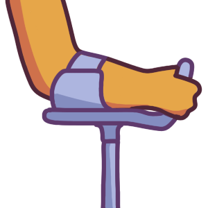 a closeup of an arm holding the handle to a light purple forearm crutch with a platform. The platform is flat and has a strap securing it to the arm.